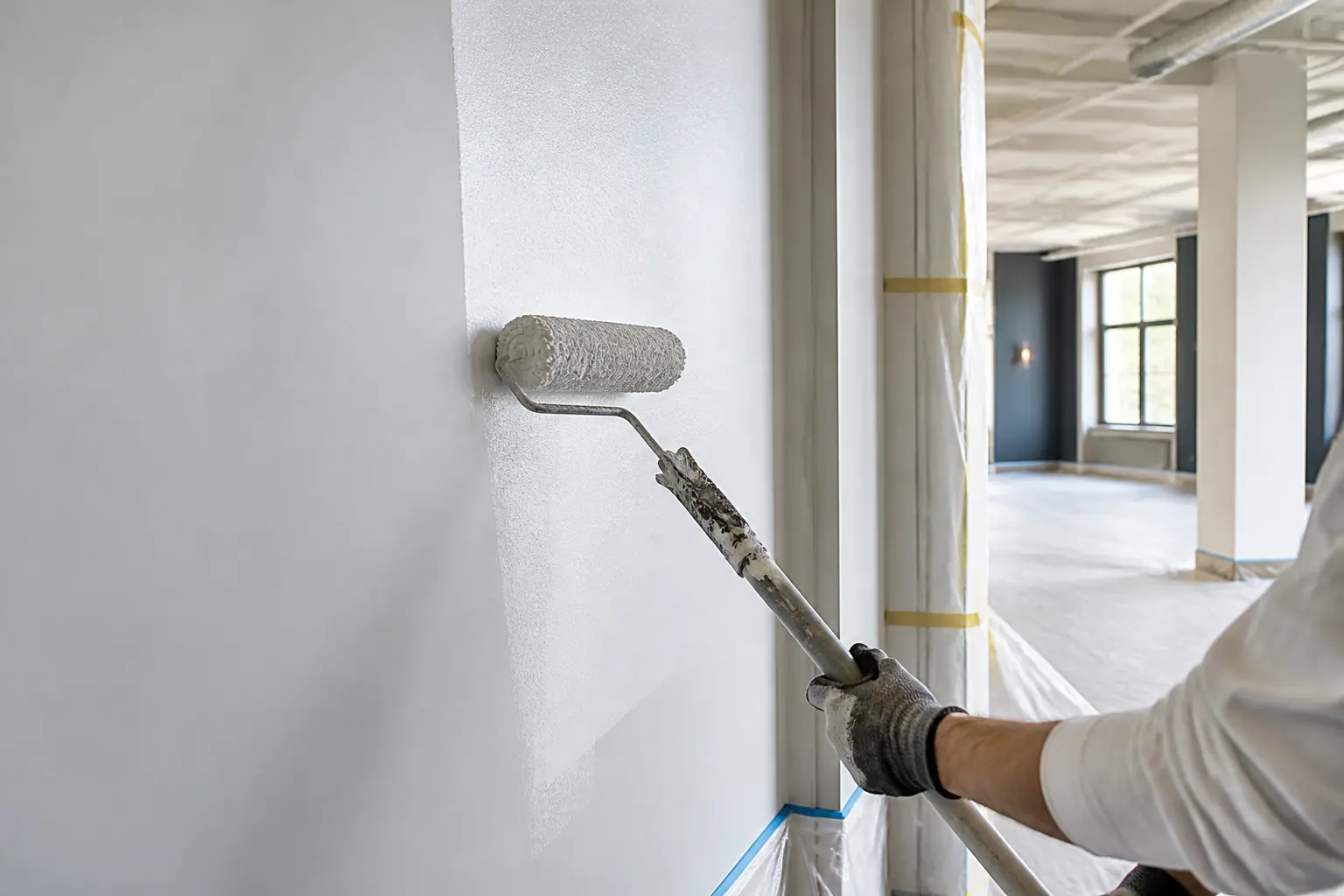 Representative AI-generated marketing image of a worker applying paint inside a prepared commercial interior