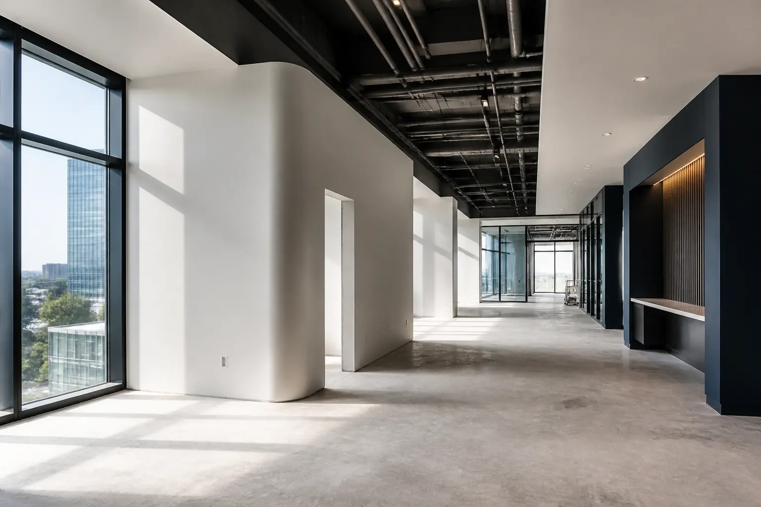 Generated concept image showing commercial painting, tenant improvement framing, and white-box interior work inside a commercial property