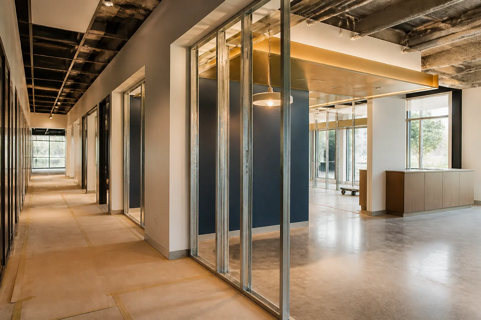 Representative AI-generated marketing image of a commercial interior undergoing orderly renovation