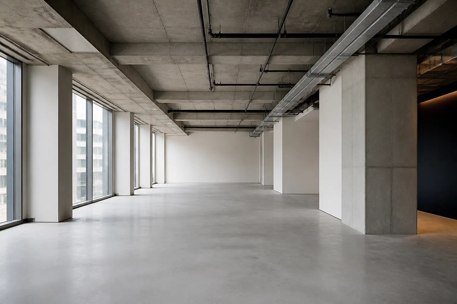 Concept image of a bright white-box commercial interior with open floor area and exposed ceiling structure
